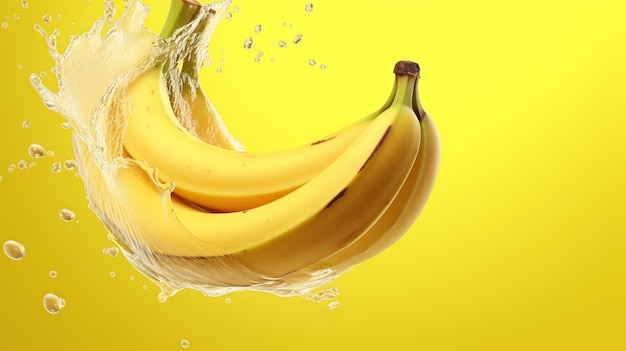 Banana fruit on splashing water yellow background ai generated image