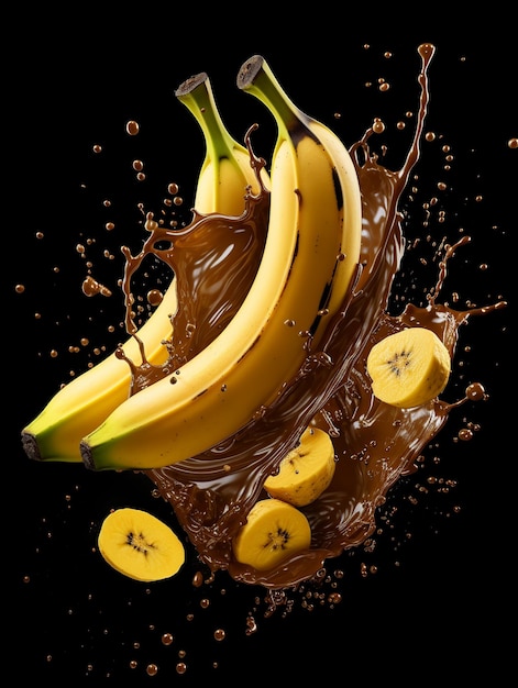 Banana fruits with chocolate Splash on black background