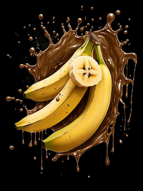 Banana fruits with chocolate Splash on black background