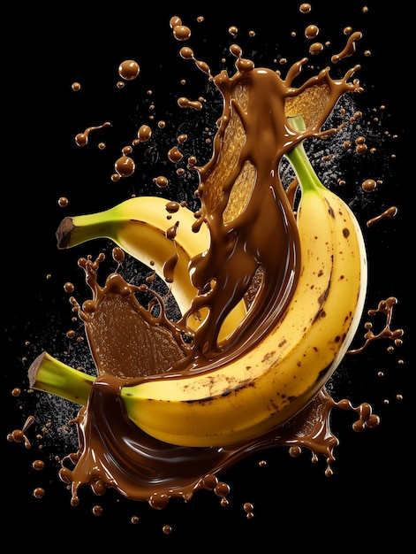 검은 배경에 초콜릿 스플래시가 있는 바나나 과일
