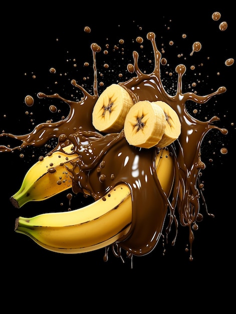 Banana fruits with chocolate Splash on black background