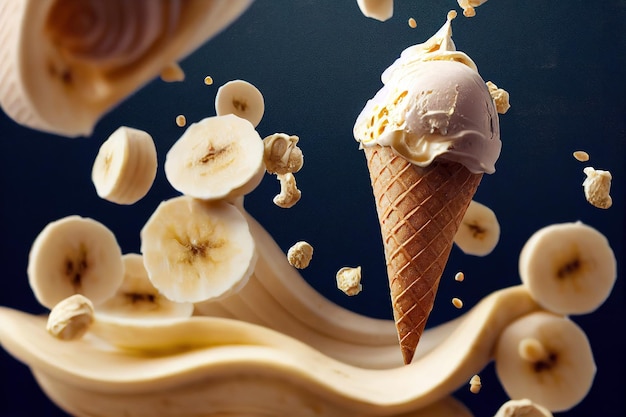 Banana ice cream or gelato in wafer cone with banana\
pieces