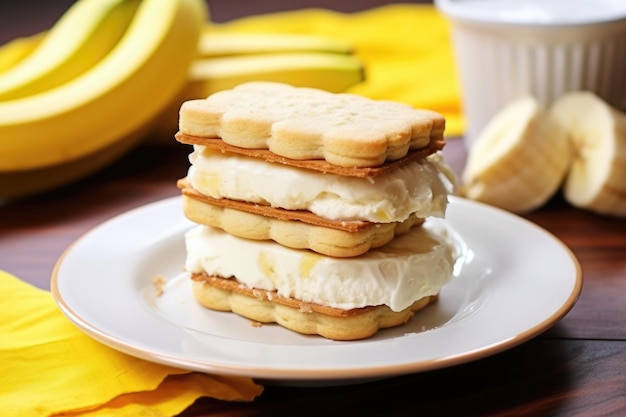 Banana ice cream sandwich on a yellow plate with banana slices