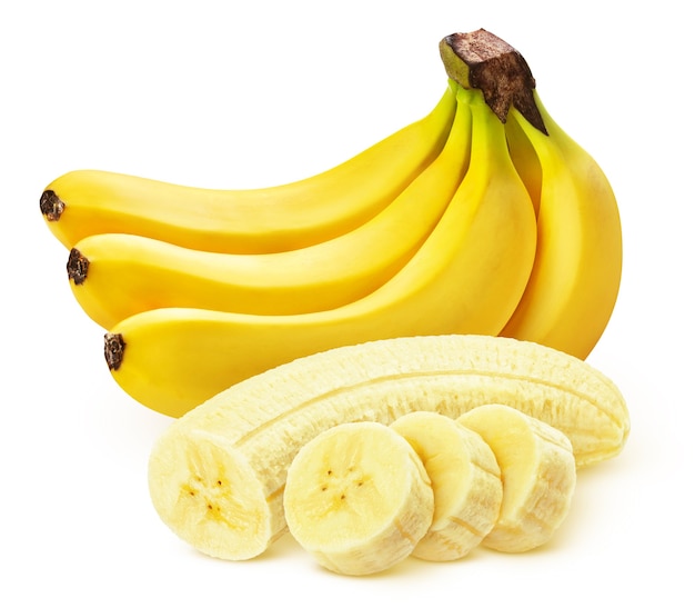 Banana isolated on white, whole and sliced fruit