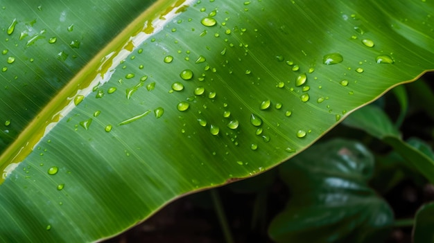 A banana leaf with water drops on it