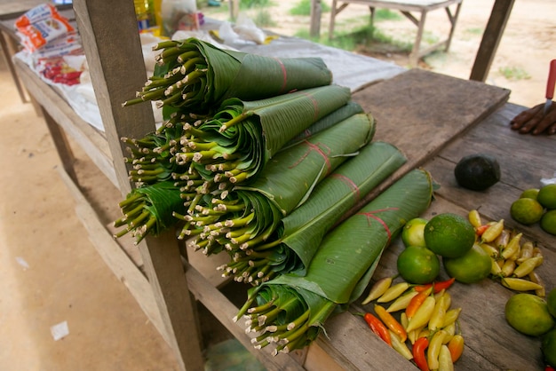 Banana leaves for cooking at a market in the Peruvian jungle