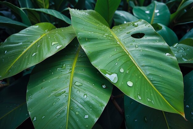 물방울 이 있는 바나나 잎
