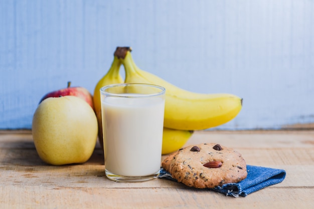 Banana milk yogurt on wooden table healthy diet menu