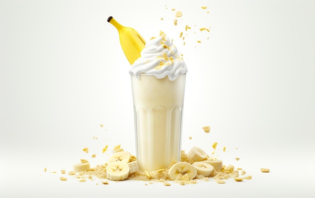 Foto milkshake alla banana su uno sfondo bianco e pulito