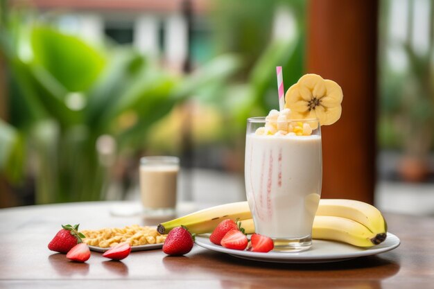 Banana Milkshake Delight A Refreshing Treat in a Glass Cup Served on a Tray with a Luscious Array