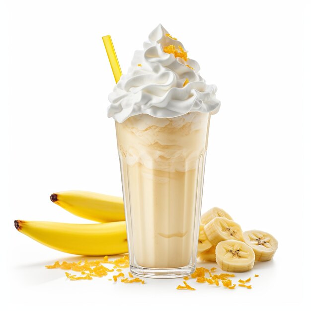 Photo banana milkshake with whipped cream isolated on white generative ai