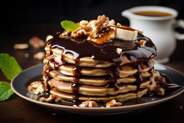 Banana Pancakes Stack Adorned with Fresh Bananas