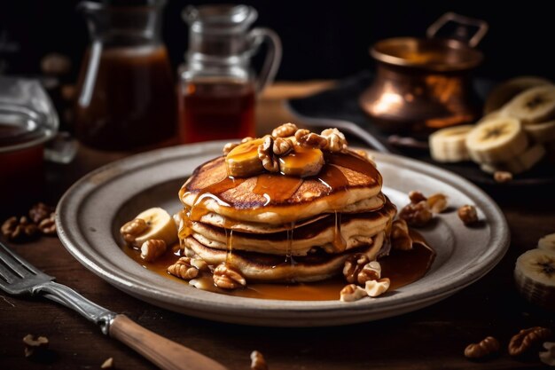 Banana pancakes with caramel sauce decorated with fresh nuts Generative AI