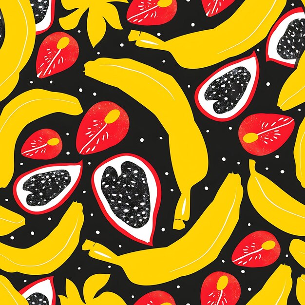 Banana Passion Fruit With Manatee Silhouette and Minimalist Pattern Tile Seamless Art Tattoo Ink