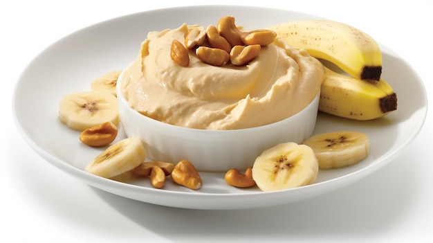 Banana and peanut butter in a bowl on white background close up