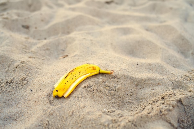 Banana peel lying on the sand beach beach pollution