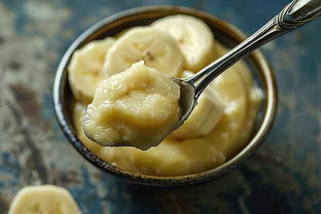 Banana puree in a spoon on a background of ripe fruits