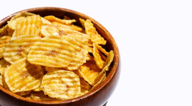 Banana slice chips on white background