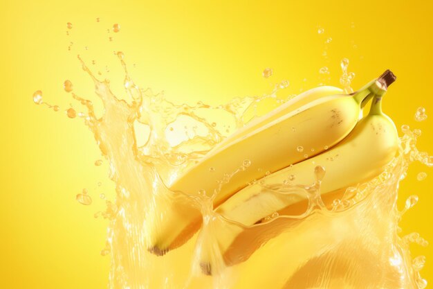 Banana sliced banana splashed banana juice sunny yellow background