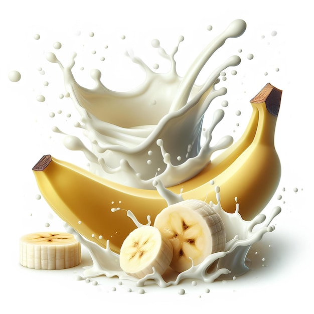 кусочки бананов с молочным брызгом, выделенным на белом фоне