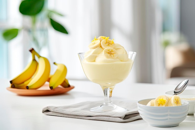 banana sorbet on a white table in a modern kitchen