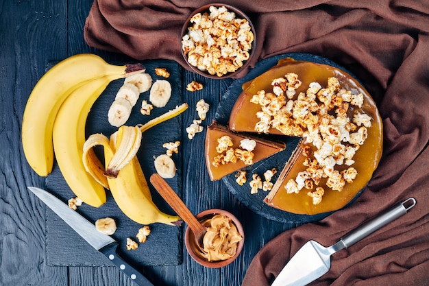 banana sponge cake layered with peanut butter mousse