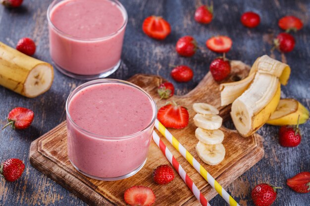 Banana-strawberry smoothie. Summer refreshing drink.