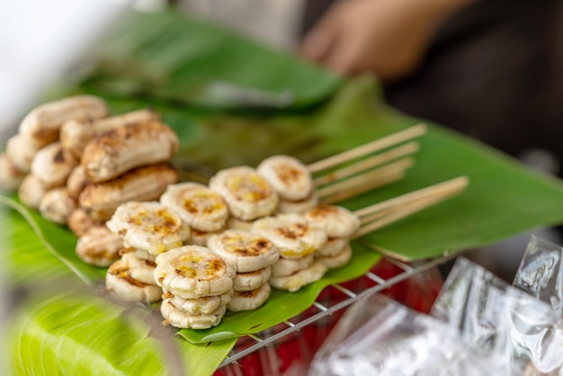 Banana toasted ready for sale to customer in flea market in bangkok Thailand.