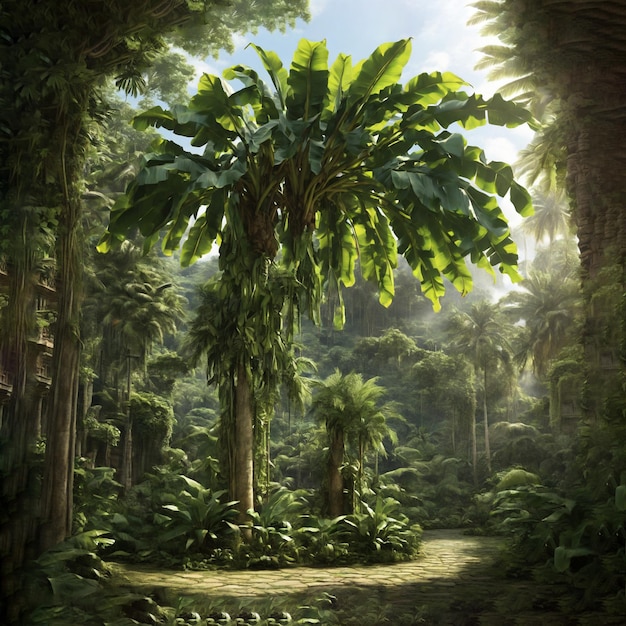 정글 에 있는 바나나 나무 는 그 뒤 에 빛 을 비추고 있다