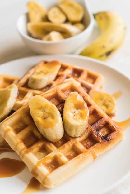 banana waffle with caramel