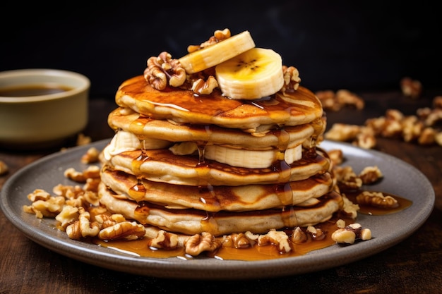 Banana walnuts and honey on oatmeal pancakes for breakfast