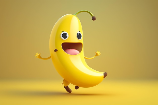 A banana with a face and eyes is running with a banana on it.