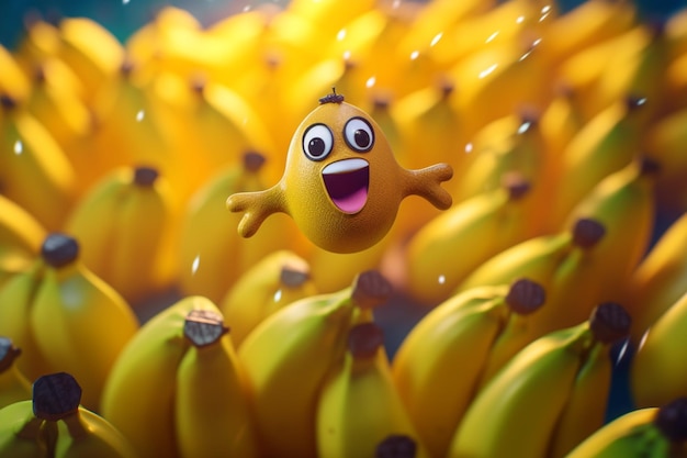 A banana with a happy face is surrounded by bananas