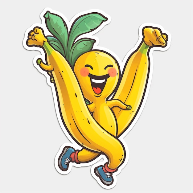 A banana with a smile on his face is jumping up and has the word banana on it.