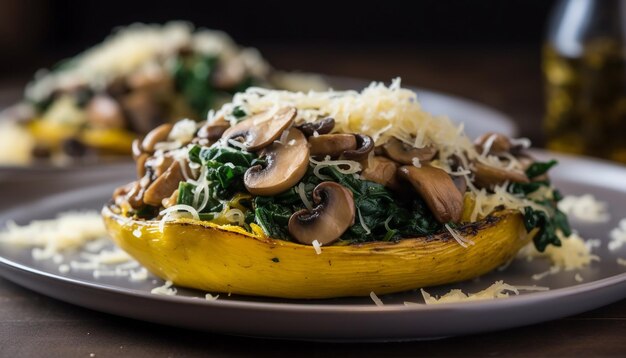 A banana with spinach and mushrooms on it