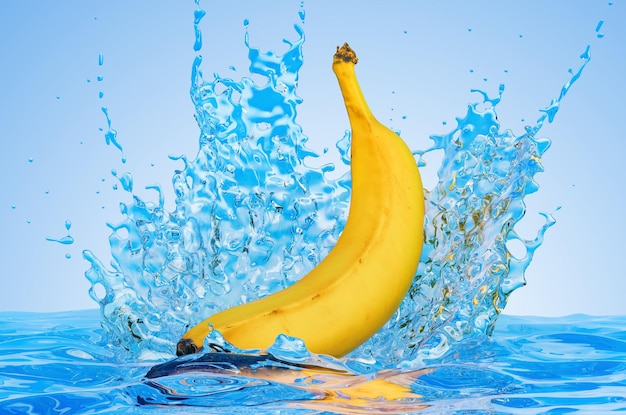 Banana with water splashes 3D rendering