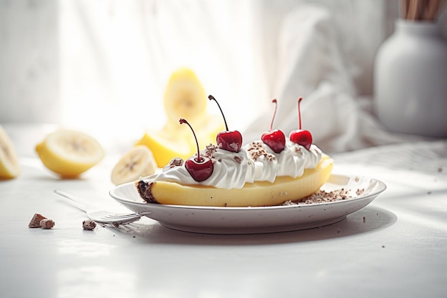 A banana with whipped cream and cherries on it