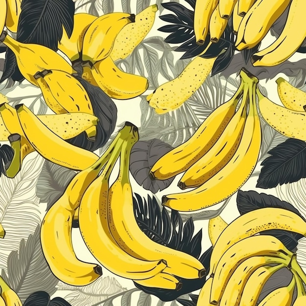 Bananas on a background of tropical leaves.