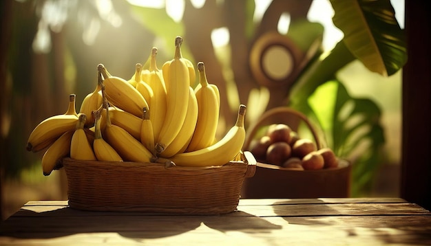 Bananas in a basket on a table in front of a plant.