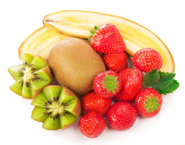 Bananas kiwi and strawberry lose up isolated on a white background