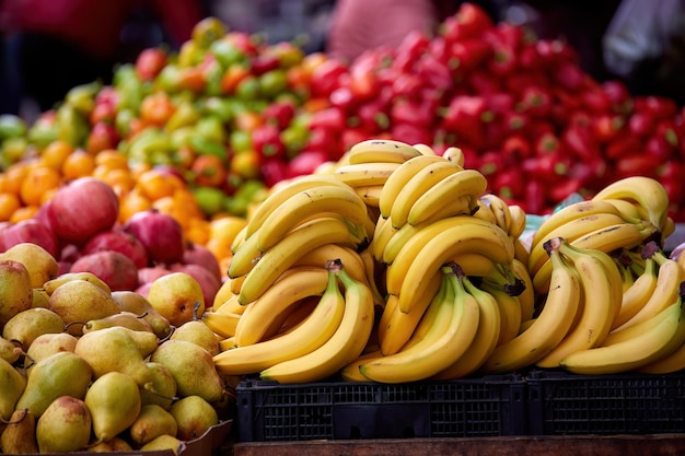 Bananas and other vegetables and fruits at the market with a blurred background