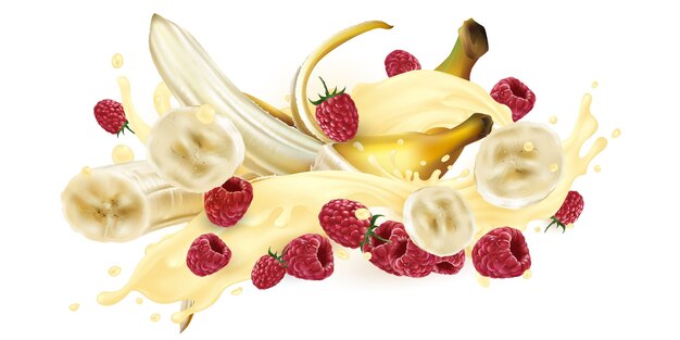 Photo bananas and raspberries in a milkshake or yogurt splash.