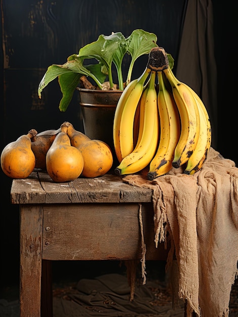 Bananas on a wooden bench with other fruits and rustic fabrics