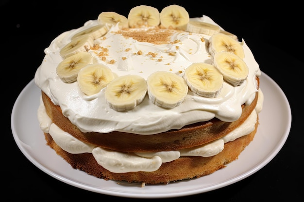 Banancake topped with thick layer of banana cream and white frosting