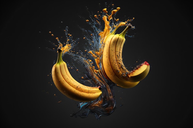 Bananen fruit splash geïsoleerd op zwarte achtergrond