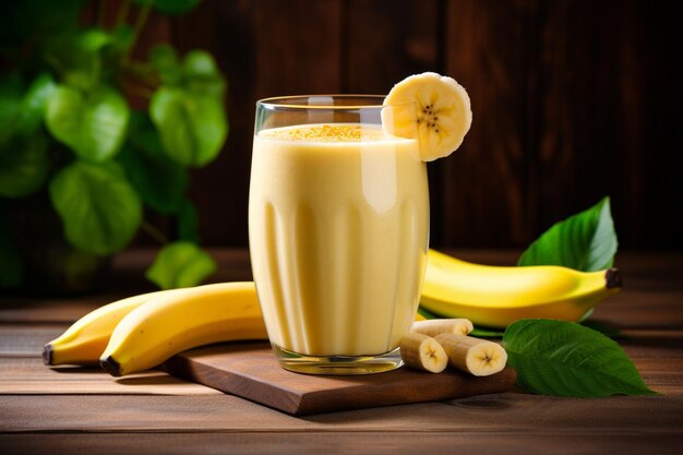 Bananen smoothie in glas versierd met een plakje limoen op een houten tafel