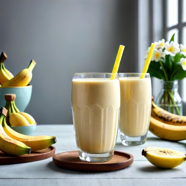 Bananen smoothie op een witte houten achtergrond