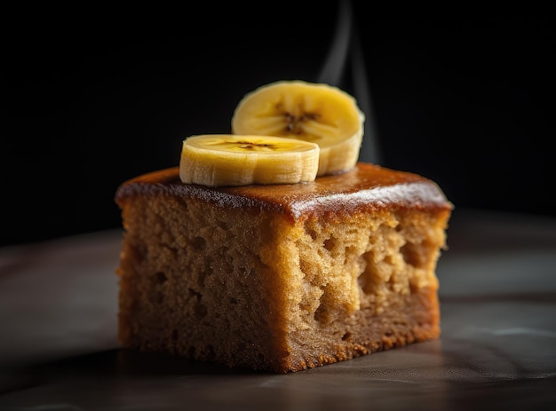 Bananenkoek gebakken dessert met gele vruchtensnijden op donkere achtergrond Abstract Generatieve AI illustratie