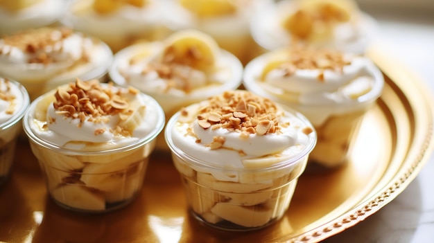 Bananenpudding met vanillewafels in een groot glas.