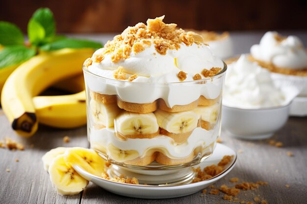 Photo bananparfait with crumbled cookies yogurt whipped cream caramel and banana